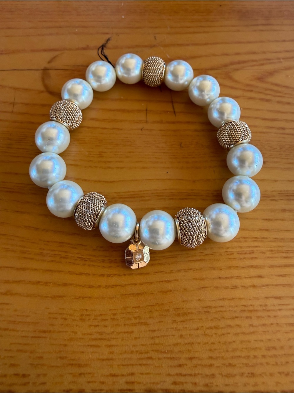 Monet Gold and White Pearl Stretch Bracelet with Charm Accent